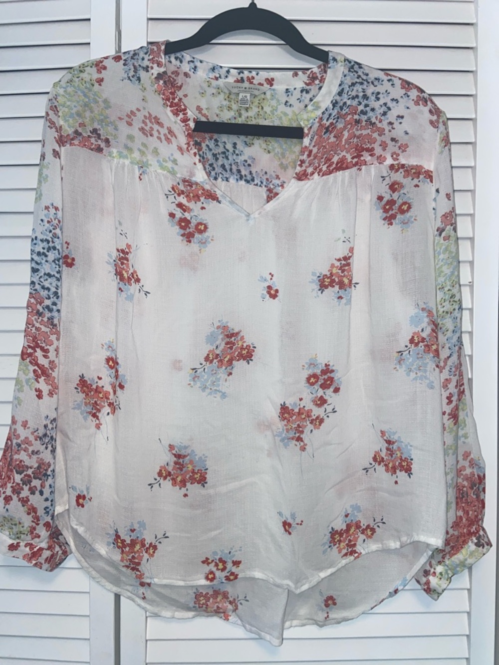 Lucky Brand White Floral Peasant Blouse Pink Blue Floral Viscose Woman’s L